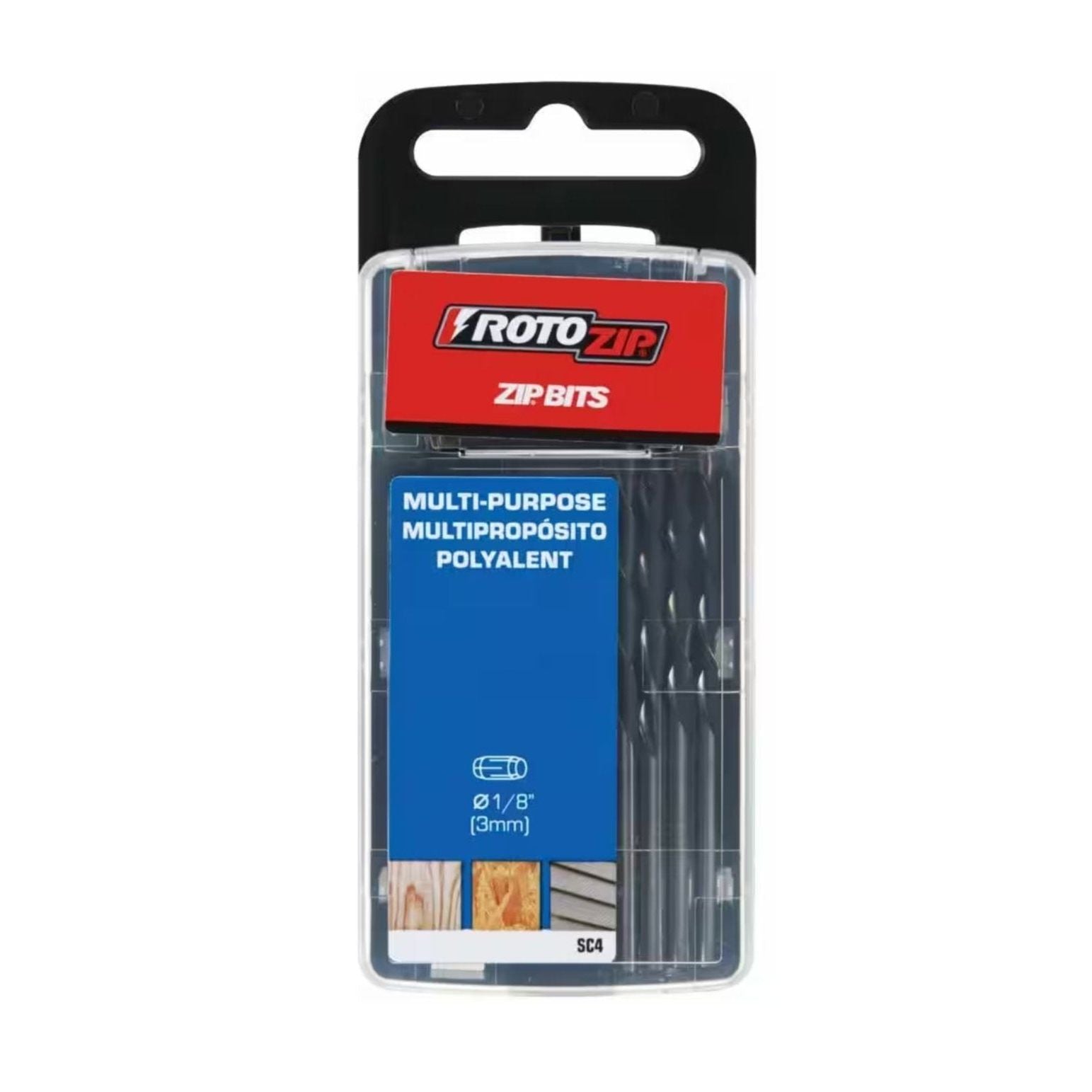 A 4-pack of ROTOZIP SC4 1/8 in. saber cut wood bits in a clear plastic case with black top, labeled “Multi-Purpose” in English, Spanish, and French. Bits are visible inside the case; ideal for woodworking projects.